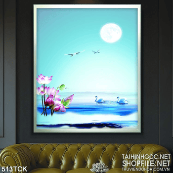 Tranh hoa sen, cá chép và thiên nga