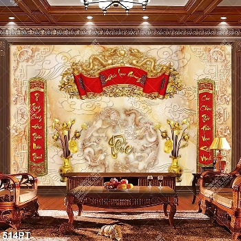 Tranh bàn thờ bình hoa sen vàng và thư pháp in kính