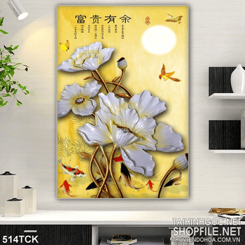 Tranh hoa sen, cá chép kim tiền thư pháp