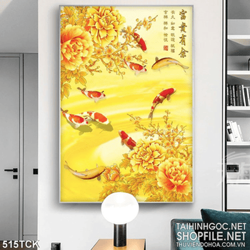 Tranh hoa sen, cá chép quần tụ trang trí tết