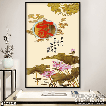 Tranh hoa sen, cá chép thư pháp