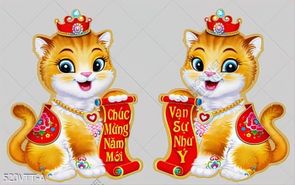 File tranh cặp mèo vàng cầm câu đối đỏ
