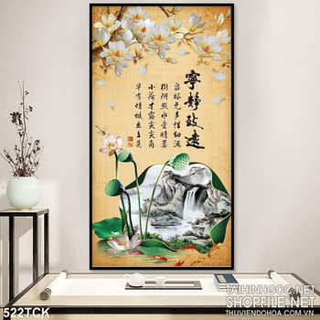 Tranh hoa sen, cá chép thư pháp kim tiền