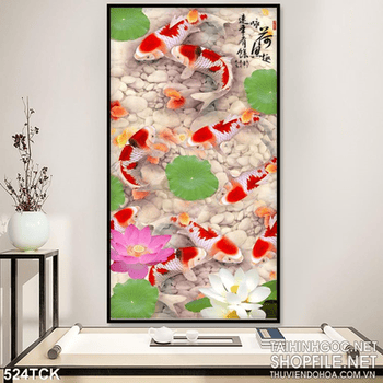 Tranh hoa sen, cá chép phong thủy đẹp