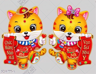 File tranh psd cặp mèo cute cầm câu đối đỏ
