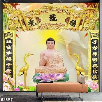 Tranh phòng thờ phật và chim hạc vàng bên hoa sen in uv