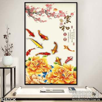 Tranh hoa sen, cá chép thư pháp mùa xuân