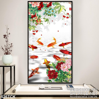 Tranh hoa sen, cá chép quần tụ và mẫu đơn