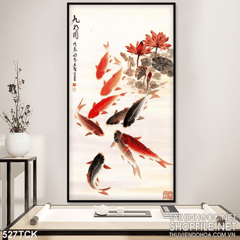 Tranh hoa sen, cá chép thư pháp màu nước