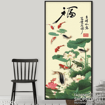 Tranh hoa sen, cá chép thư pháp nghệ thuật