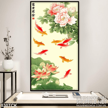 Tranh hoa sen, cá chép phong thủy treo tường