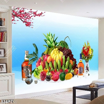 Tranh thờ mâm ngũ quả và cành đào đỏ in kính