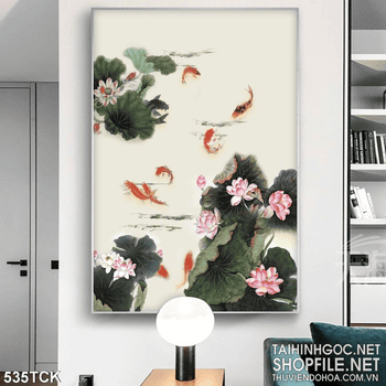 Tranh hoa sen, cá chép thư pháp đẹp