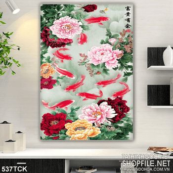 Tranh hoa sen, cá chép thư pháp