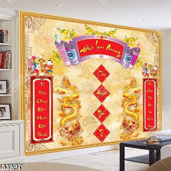 Tranh gắn tường phòng thờ thư pháp và song long in uv