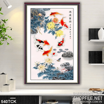Tranh hoa sen, cá chép phong thủy treo tường