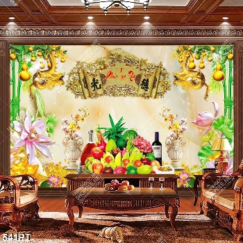 Tranh bàn thờ ngũ quả và hoa giả ngọc in uv