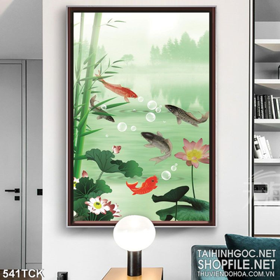 Tranh hoa sen, cá chép treo tường trang trí
