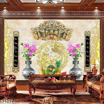 Tranh thờ bình hoa sen và mâm ngũ quả gắn tường