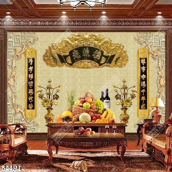 Tranh thờ thư pháp và sen vàng bên mâm ngũ quả