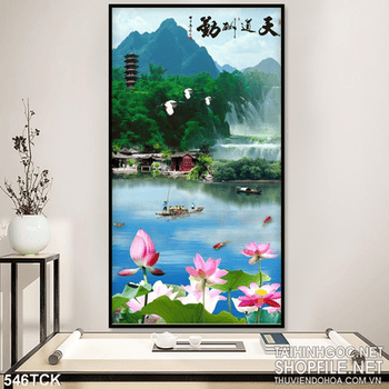 Tranh hoa sen thư pháp treo tường