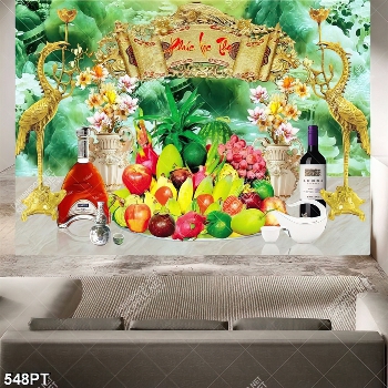 Tranh bàn thờ chim hạc vàng và mâm ngũ quả in kính