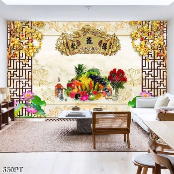 Tranh phòng thờ hoa sen và mâm ngũ quả in kính