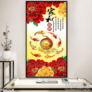 Tranh hoa sen, cá chép quần tụ và mẫu đơn