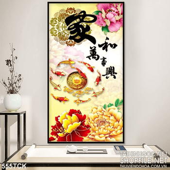 Tranh hoa sen, cá chép quần tụ kim tiền