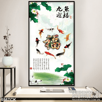 Tranh hoa sen, cá chép tư pháp đẹp