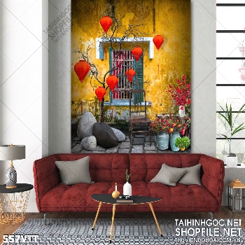 File In đèn lồng đỏ bên bức tường vàng File In đèn lồng đỏ bên bức tường vàng