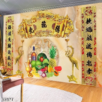 Tranh phòng thờ thư pháp hạc vàng in gạch men