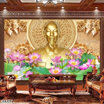 Tranh treo tường tượng Bác Hồ bằng đồng và hoa sen in kính Tranh treo tường tượng Bác Hồ bằng đồng và hoa sen in kính