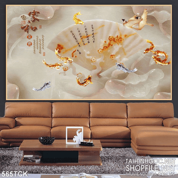 Tranh hoa sen, cá chép thư pháp giả ngọc