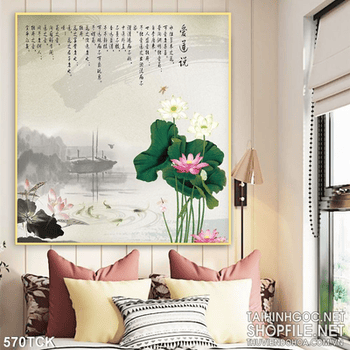 Tranh hoa sen, cá chép thư pháp phong thủy