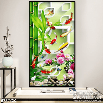 Tranh cá chép khổ dọc 3d file psd