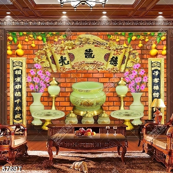 Tranh bàn thờ thư pháp và bình hoa gốm nền gạch đỏ