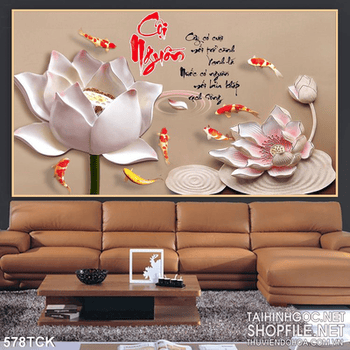 Tranh cá chép và bông hoa sen đá