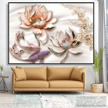 Tranh cá  và hoa sen bằng ngọc đẹp 3d