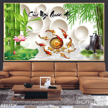 Tranh cá chép bơi quay hòn ngọc đẹp