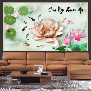 Tranh hoa sen và đàn cá chép bơi quay