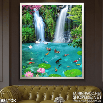Tranh cá chép bên dưới thác nước file psd