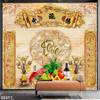 Tranh thờ mâm ngũ quả và chữ PHÚC trên nền gạch đẹp in kính