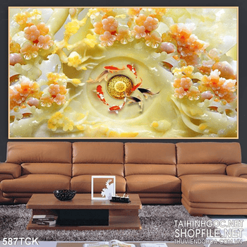 Tranh cá chép giả ngọc ấn tượng 3d