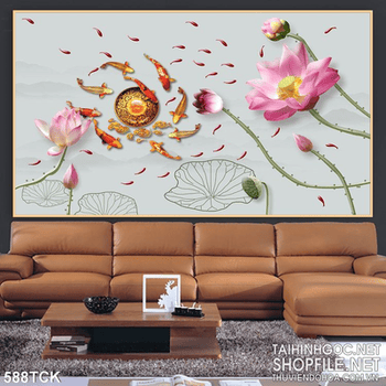 Tranh cá chép quy tụ bên đóa hoa sen in uv psd