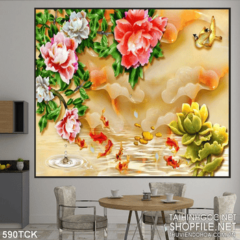 Tranh giả ngọc hoa mẫu đơn và cá chép 3d
