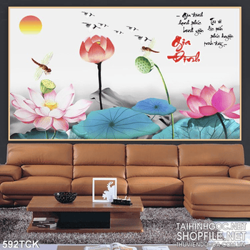 Tranh hoa sen vẽ chữ thư pháp nghệ thuật 3d