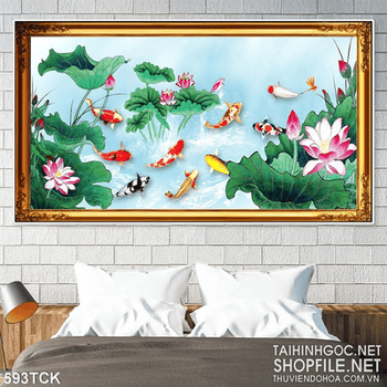 Tranh đầm sen và 9 chú cá chép bơi lội