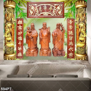 Tranh thờ Phúc Lộc Thọ điêu khắc gỗ trên nền đá giả ngọc