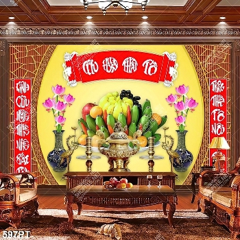 Tranh thờ treo tường mâm ngũ quả và hoa sen in kính Tranh thờ treo tường mâm ngũ quả và hoa sen in kính